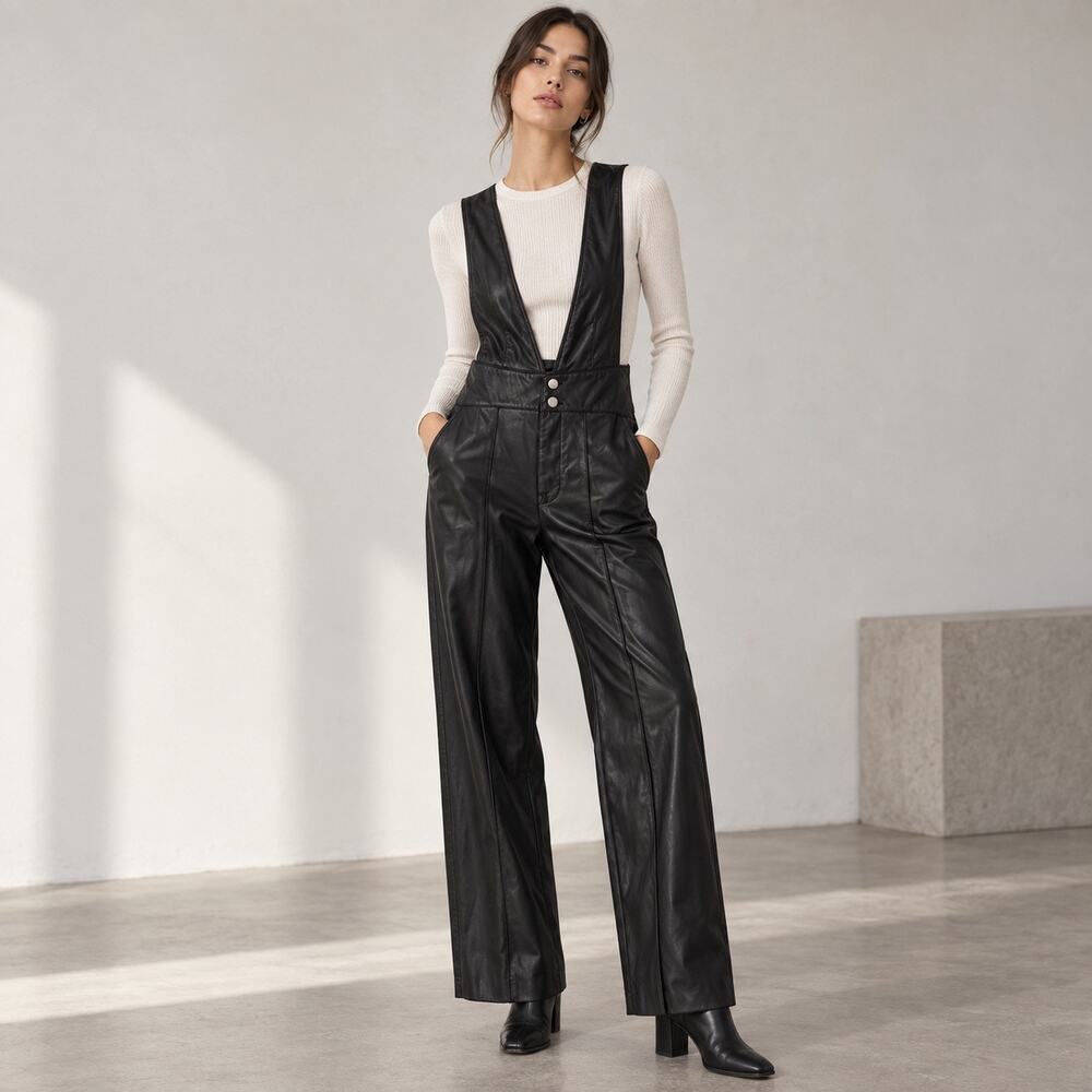 Zara Bibs Jumpsuit Womens Medium Black Faux Leather Straight Leg Adjustable
